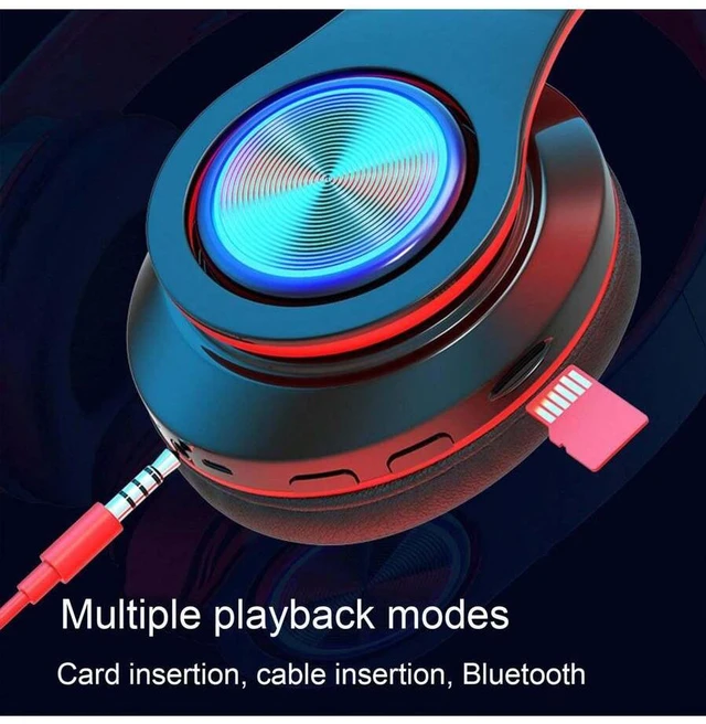 Alt view image 7 of 7 - Bluetooth 5.3 Over-Ear Wireless Headset with LED Lights, 40mm Drivers, Dual-Mode Wired/Wireless, USB Rechargeable, 10m Range, for PC Laptop BTHS-01