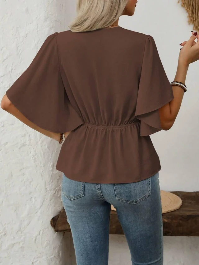 Alt view image 3 of 7 - Bks Women's Elegant French Style Solid Color V-Neck Button Decor A-Line Lantern Sleeve Casual Blouse For Work, Spring/Summer
