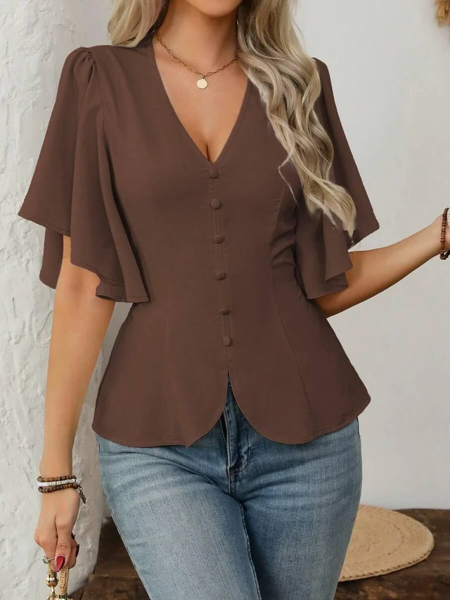 Alt view image 4 of 7 - Bks Women's Elegant French Style Solid Color V-Neck Button Decor A-Line Lantern Sleeve Casual Blouse For Work, Spring/Summer
