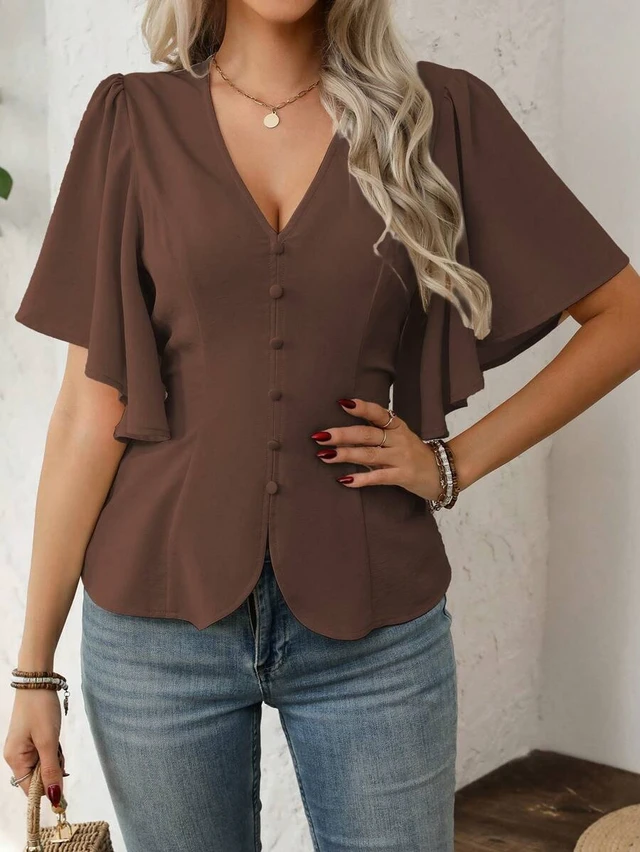 Alt view image 7 of 7 - Bks Women's Elegant French Style Solid Color V-Neck Button Decor A-Line Lantern Sleeve Casual Blouse For Work, Spring/Summer
