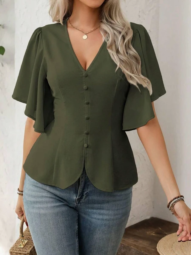 Main image of Bks Women's Elegant French Style Solid Color V-Neck Button Decor A-Line Lantern Sleeve Casual Blouse For Work, Spring/Summer
