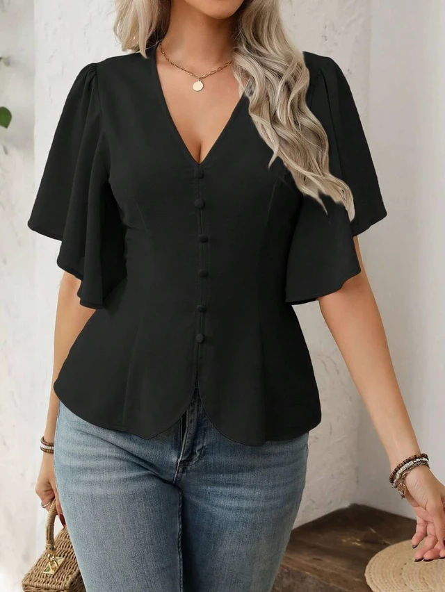 Main image of Bks Women's Elegant French Style Solid Color V-Neck Button Decor A-Line Lantern Sleeve Casual Blouse For Work, Spring/Summer