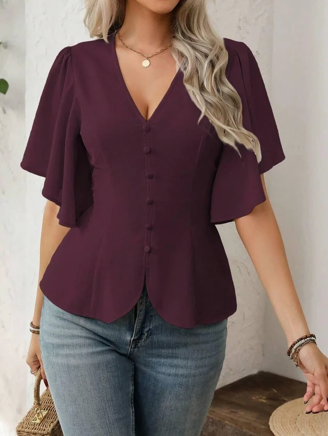 Main image of Bks Women's Elegant French Style Solid Color V-Neck Button Decor A-Line Lantern Sleeve Casual Blouse For Work, Spring/Summer