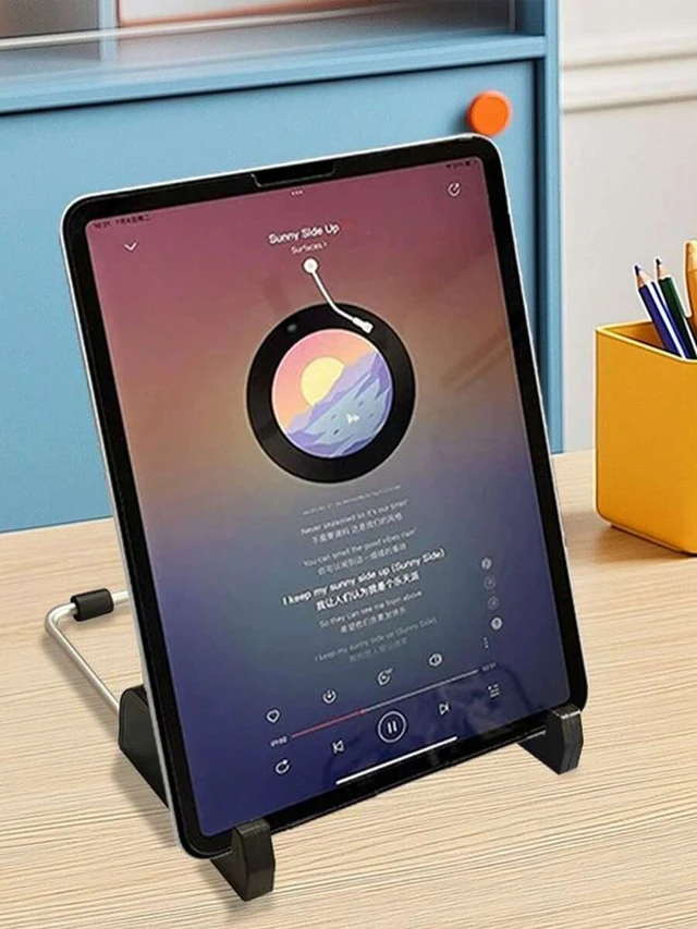 Alt view image 2 of 7 - Bks Adjustable Foldable Tablet And Mini Laptop Stand - Portable Ergonomic Stand, Portable Keyboard Height Riser, With Adhesive Pad, Aluminum Frame, Multi-Angle Viewing, Black Base And Metal Wire Frame