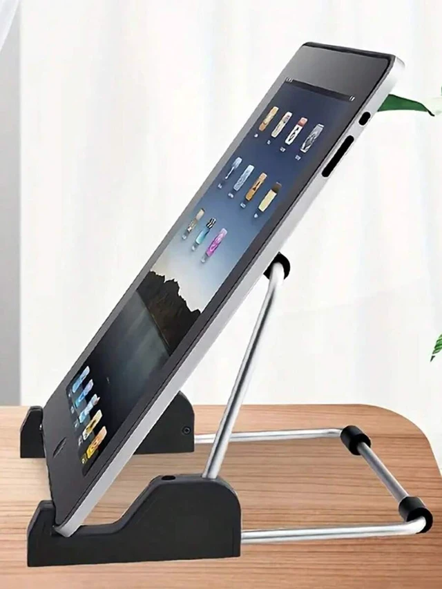 Alt view image 3 of 7 - Bks Adjustable Foldable Tablet And Mini Laptop Stand - Portable Ergonomic Stand, Portable Keyboard Height Riser, With Adhesive Pad, Aluminum Frame, Multi-Angle Viewing, Black Base And Metal Wire Frame