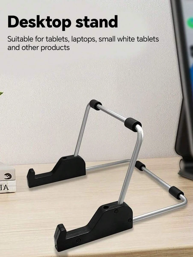 Alt view image 5 of 7 - Bks Adjustable Foldable Tablet And Mini Laptop Stand - Portable Ergonomic Stand, Portable Keyboard Height Riser, With Adhesive Pad, Aluminum Frame, Multi-Angle Viewing, Black Base And Metal Wire Frame