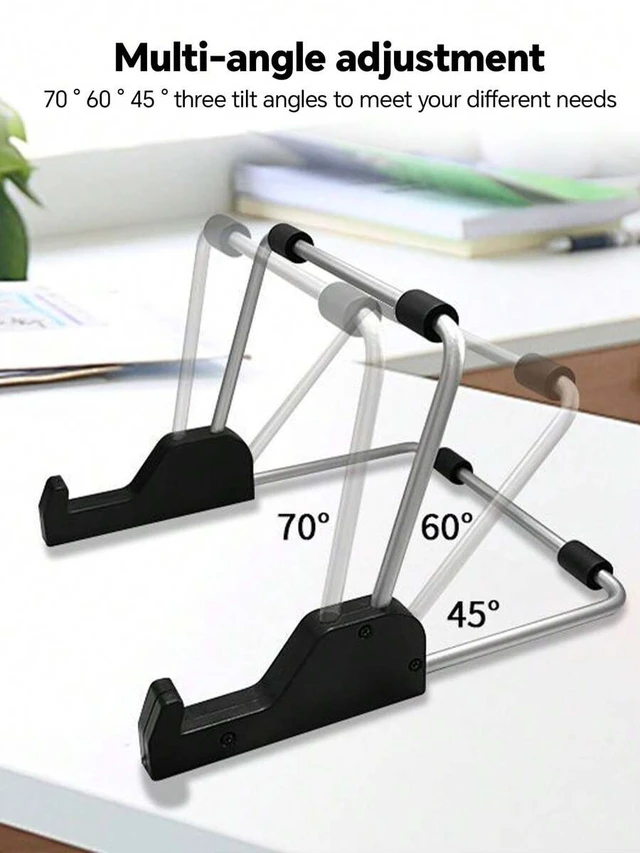 Alt view image 7 of 7 - Bks Adjustable Foldable Tablet And Mini Laptop Stand - Portable Ergonomic Stand, Portable Keyboard Height Riser, With Adhesive Pad, Aluminum Frame, Multi-Angle Viewing, Black Base And Metal Wire Frame