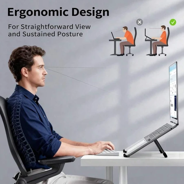 Alt view image 5 of 7 - Bks Foldable Aluminum Laptop Stand Ventilated Riser Holder for 10-15.6 Inch Notebook Tablet Desk Mount Ergonomic Cooling