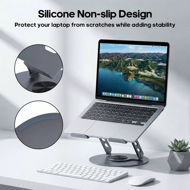 Alt view image 2 of 7 - Bks 2-In-1 360° Rotating Laptop Stand | Height Adjustable Ergonomic Riser | Anti-Slip Heavy-Duty Structure | Space-Saving Foldable Style | Multi-Angle Notebook Holder | For Home/Office/Study | Black