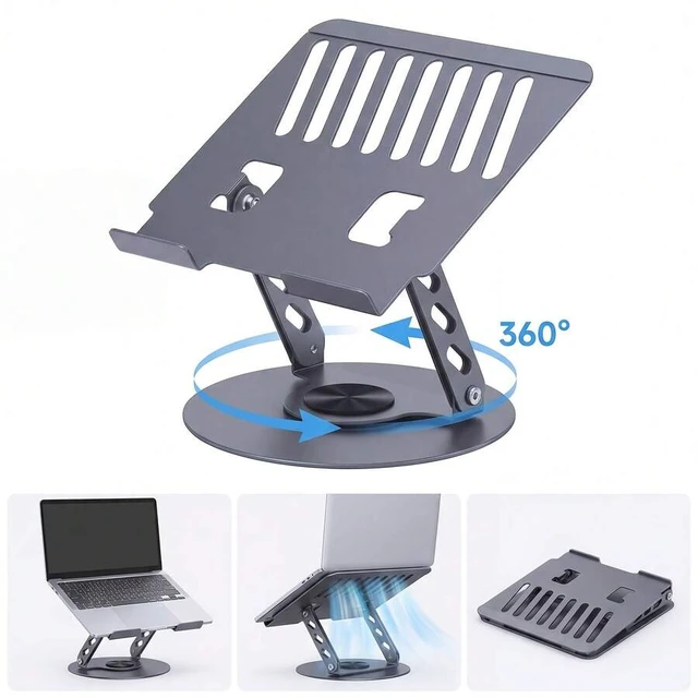 Alt view image 3 of 7 - Bks 2-In-1 360° Rotating Laptop Stand | Height Adjustable Ergonomic Riser | Anti-Slip Heavy-Duty Structure | Space-Saving Foldable Style | Multi-Angle Notebook Holder | For Home/Office/Study | Black