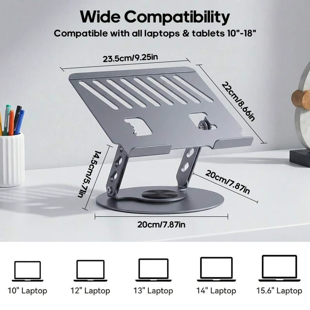 Alt view image 5 of 7 - Bks 2-In-1 360° Rotating Laptop Stand | Height Adjustable Ergonomic Riser | Anti-Slip Heavy-Duty Structure | Space-Saving Foldable Style | Multi-Angle Notebook Holder | For Home/Office/Study | Black