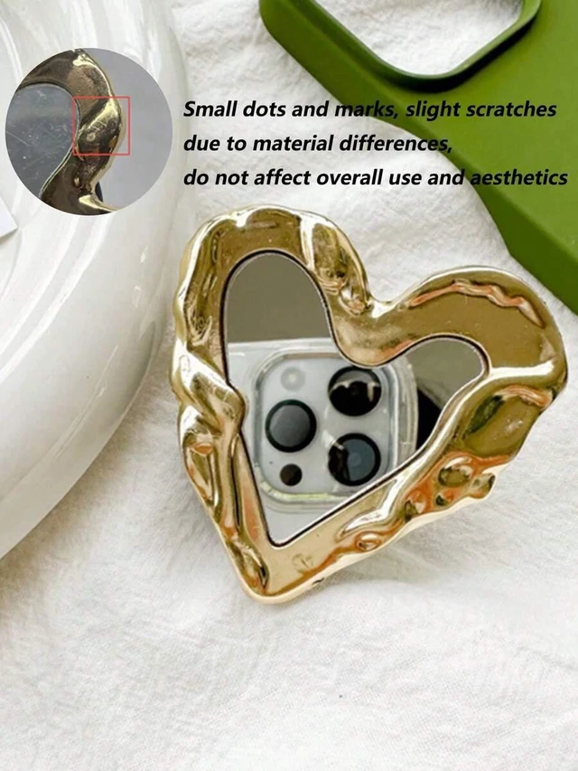 Main image of Bks Heart-Shaped Mirror Phone Holder, Electroplated Metal Crumpled Adhesive Extendable Desktop Stand, Minimalist Design Compatible With IPhone Android