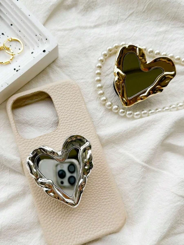 Alt view image 2 of 7 - Bks Heart-Shaped Mirror Phone Holder, Electroplated Metal Crumpled Adhesive Extendable Desktop Stand, Minimalist Design Compatible With IPhone Android