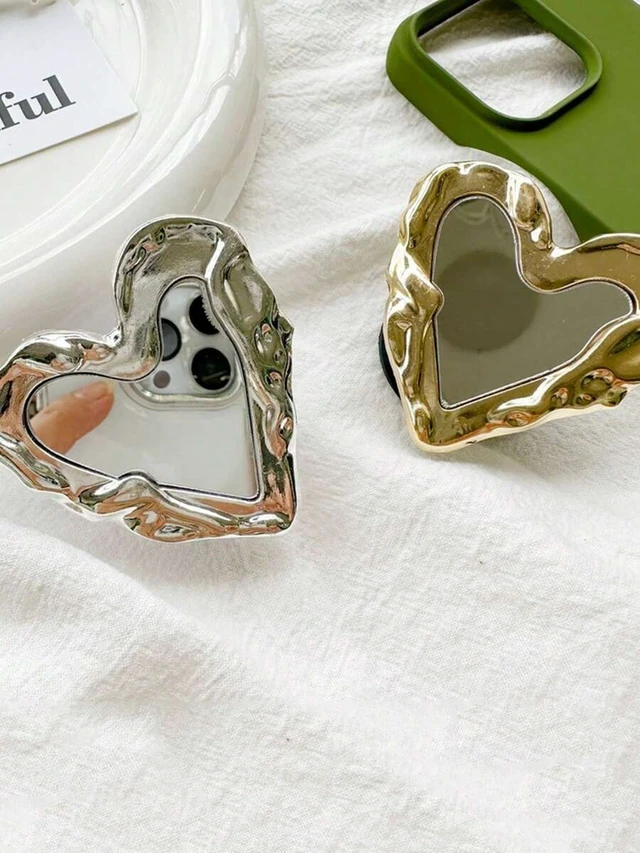 Alt view image 3 of 7 - Bks Heart-Shaped Mirror Phone Holder, Electroplated Metal Crumpled Adhesive Extendable Desktop Stand, Minimalist Design Compatible With IPhone Android