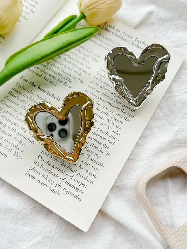 Alt view image 5 of 7 - Bks Heart-Shaped Mirror Phone Holder, Electroplated Metal Crumpled Adhesive Extendable Desktop Stand, Minimalist Design Compatible With IPhone Android