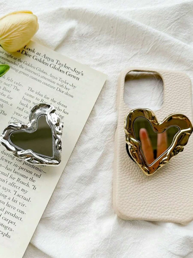 Alt view image 6 of 7 - Bks Heart-Shaped Mirror Phone Holder, Electroplated Metal Crumpled Adhesive Extendable Desktop Stand, Minimalist Design Compatible With IPhone Android