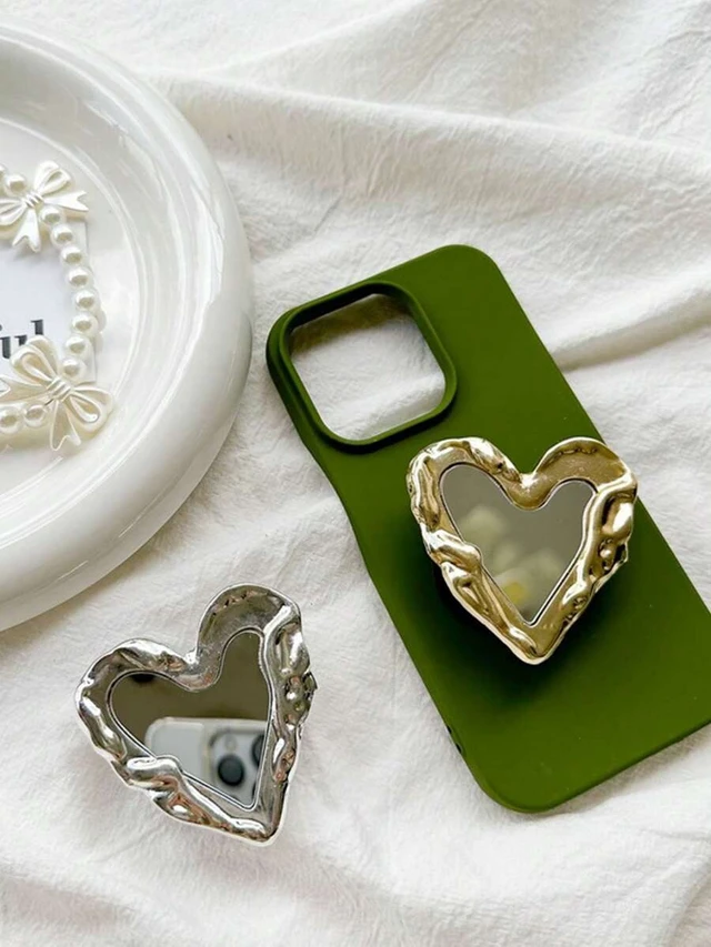 Alt view image 4 of 7 - Bks Heart-Shaped Mirror Phone Holder, Electroplated Metal Crumpled Adhesive Extendable Desktop Stand, Minimalist Design Compatible With IPhone Android