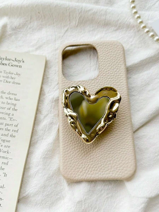 Alt view image 7 of 7 - Bks Heart-Shaped Mirror Phone Holder, Electroplated Metal Crumpled Adhesive Extendable Desktop Stand, Minimalist Design Compatible With IPhone Android