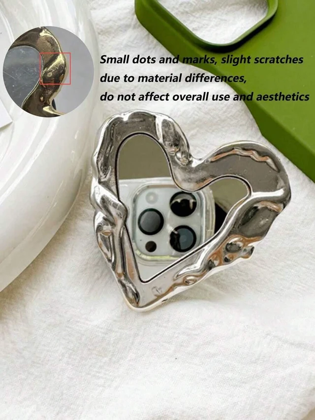 Main image of Bks Heart-Shaped Mirror Phone Holder, Electroplated Metal Crumpled Adhesive Extendable Desktop Stand, Minimalist Design Compatible With IPhone Android