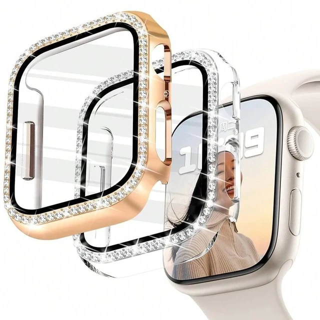 Main image of Bks 2 Pack Glitter Bling Case with HD Screen Protector Compatible with Apple Watch Series 1 2 3 38mm Women Rhinestone Bumper Cover Starlight Rose Gold