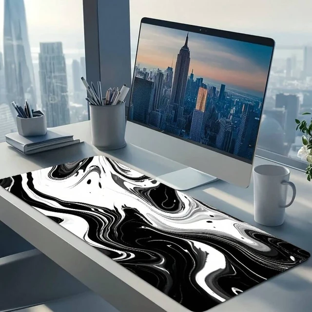 Alt view image 3 of 7 - Bks Large Mouse Pad With Black And White Fluid Art, Keyboard Mat Featuring A Stylish Geometric Design - Rubber Non-Slip Backing, Washable - PC Keyboard Desk Mat, Perfect For Gamers, Office Use, And Do