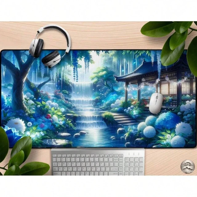 Alt view image 2 of 3 - Bks Large Aesthetic Floral Gaming Mouse Pad, Hydrangea Waterfall Design, Anti-Slip Rubber Base for Desk and Office