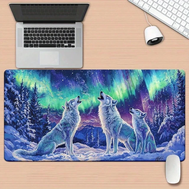 Main image of Bks Large Extended Gaming Mouse Pad with Aurora Wolf Design, Waterproof PU Leather Surface Non-Slip Base for Laptop Keyboard and Desk Accessories