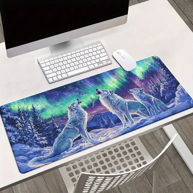 Alt view image 4 of 7 - Bks Large Extended Gaming Mouse Pad with Aurora Wolf Design, Waterproof PU Leather Surface Non-Slip Base for Laptop Keyboard and Desk Accessories