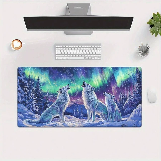 Alt view image 5 of 7 - Bks Large Extended Gaming Mouse Pad with Aurora Wolf Design, Waterproof PU Leather Surface Non-Slip Base for Laptop Keyboard and Desk Accessories