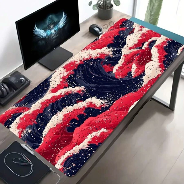 Alt view image 2 of 7 - Bks Large E-Sports Gaming Mouse Pad, Red Wave Japanese Ukiyo-E Pattern, Non-Slip Rubber Base, Waterproof Surface for Office Desk and Computer Setup