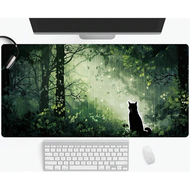 Alt view image 2 of 7 - Bks Large Gothic Storybook Gaming Mouse Pad with Black Cat Forest Design, Non-Slip Rubber Base, Stitched Edges, Waterproof Desk Mat for Office and Computer