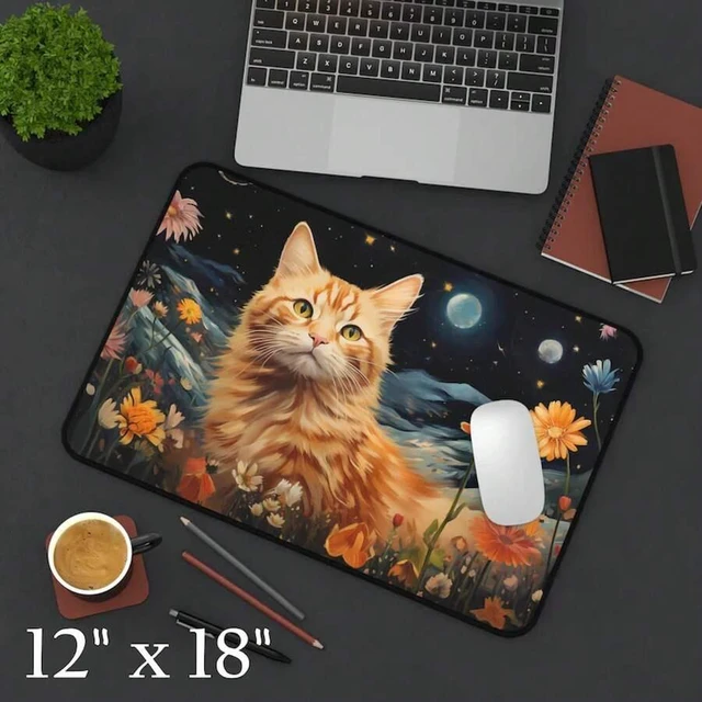 Alt view image 4 of 7 - Bks Ginger Cat Gaming Desk Mat, Floral Mouse Pad, Large Extended Keyboard Surface, Waterproof Non-Slip Rubber Base for Office and Play
