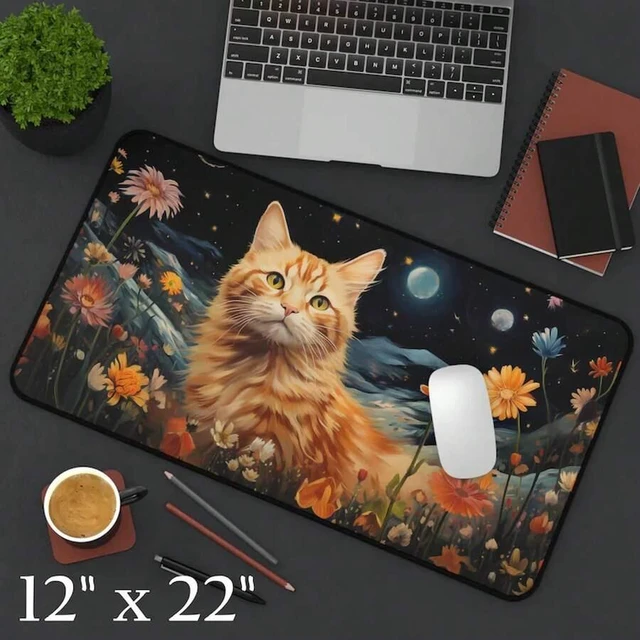 Alt view image 5 of 7 - Bks Ginger Cat Gaming Desk Mat, Floral Mouse Pad, Large Extended Keyboard Surface, Waterproof Non-Slip Rubber Base for Office and Play