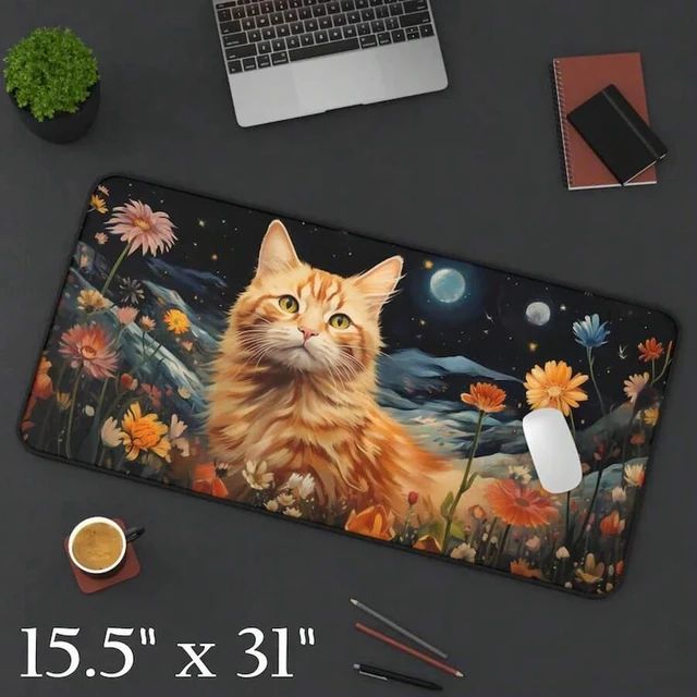 Alt view image 6 of 7 - Bks Ginger Cat Gaming Desk Mat, Floral Mouse Pad, Large Extended Keyboard Surface, Waterproof Non-Slip Rubber Base for Office and Play