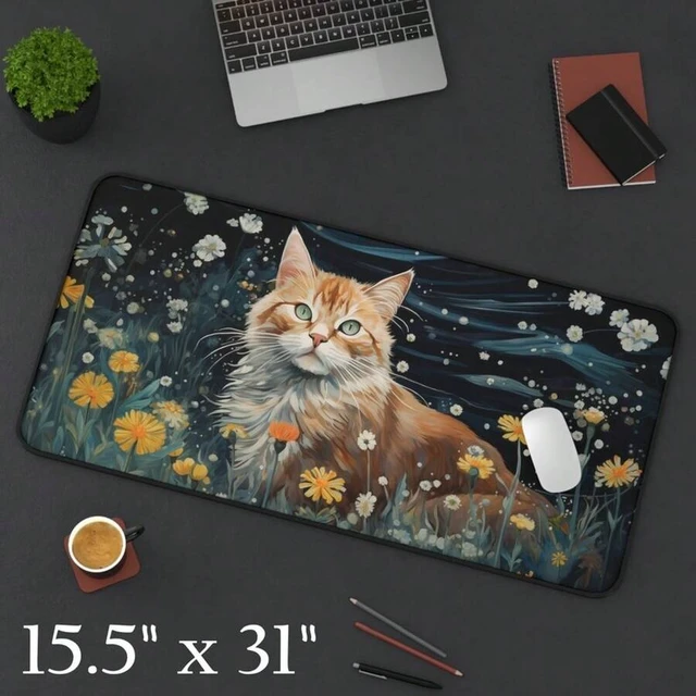 Alt view image 7 of 7 - Bks Ginger Cat Gaming Desk Mat, Floral Mouse Pad, Large Extended Keyboard Surface, Waterproof Non-Slip Rubber Base for Office and Play