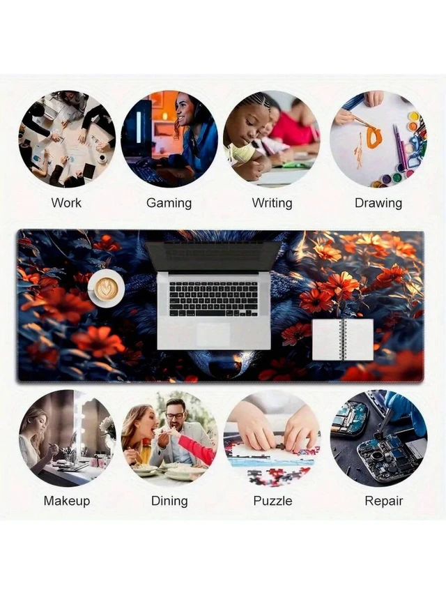 Alt view image 5 of 7 - Bks Extra Large Gaming Mouse Pad With Wolf Floral Design Non-Slip Durable Stitched Edges High-Density Rubber Base For Smooth Surface And Precise Tracking Ideal For Home Office PC Accessories Gamers