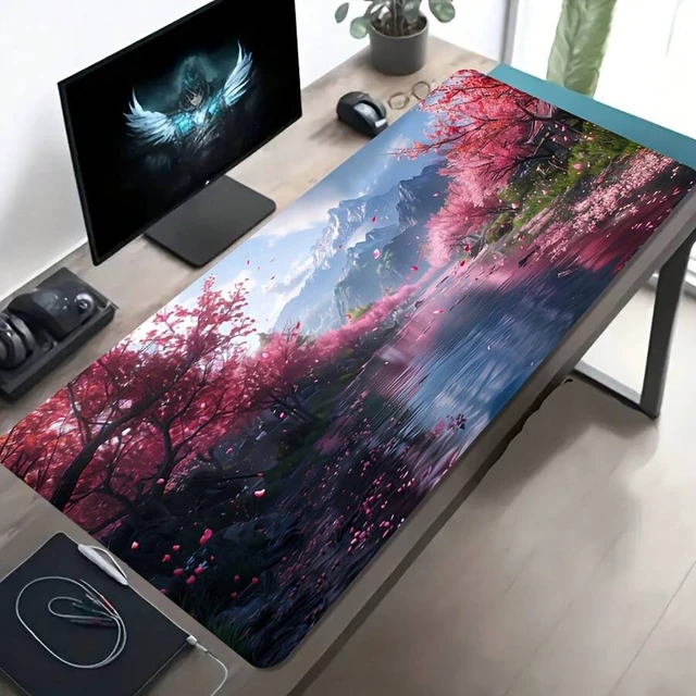 Alt view image 3 of 6 - Bks Large Gaming Mouse Pad, Pink Cherry Blossom Design, Anti-Slip Rubber Base, Keyboard-Friendly Surface for PC Laptop Office Home
