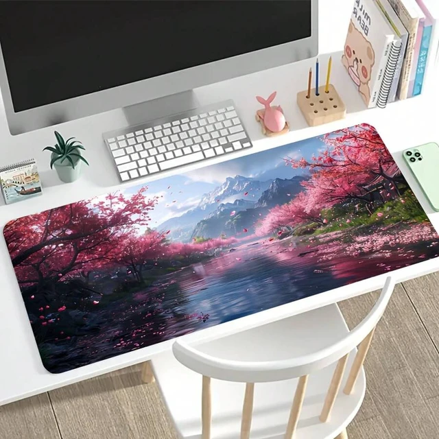 Alt view image 4 of 6 - Bks Large Gaming Mouse Pad, Pink Cherry Blossom Design, Anti-Slip Rubber Base, Keyboard-Friendly Surface for PC Laptop Office Home