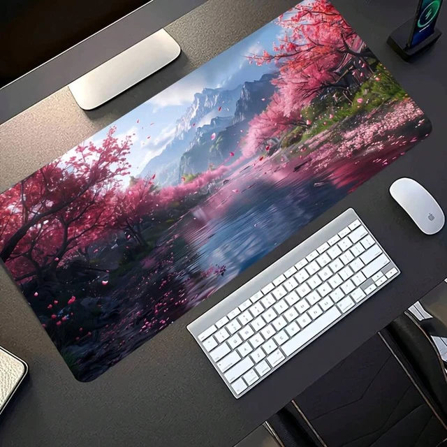 Alt view image 5 of 6 - Bks Large Gaming Mouse Pad, Pink Cherry Blossom Design, Anti-Slip Rubber Base, Keyboard-Friendly Surface for PC Laptop Office Home