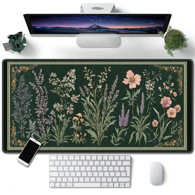 Main image of Bks Plant & Floral Pattern Desk Mat: Vintage Mushroom Design Mouse Pad, Gaming & Office Accessory, Non-Slip Base And Stitched Edge Keyboard & Mouse Pad, Computer Desk Mat