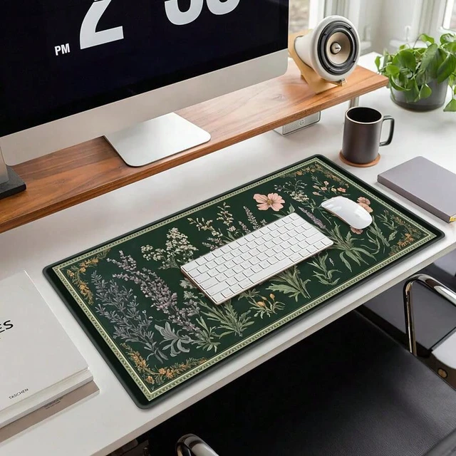 Alt view image 2 of 7 - Bks Plant & Floral Pattern Desk Mat: Vintage Mushroom Design Mouse Pad, Gaming & Office Accessory, Non-Slip Base And Stitched Edge Keyboard & Mouse Pad, Computer Desk Mat