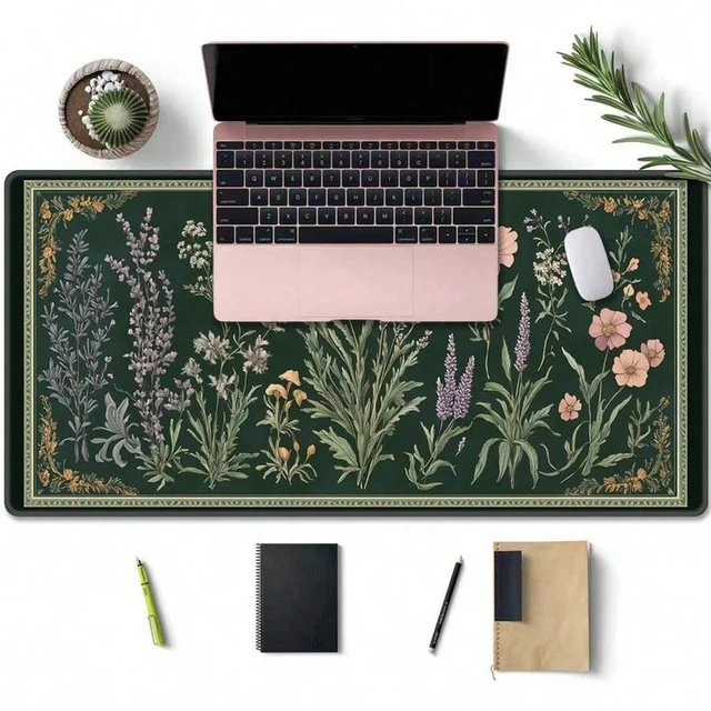Alt view image 3 of 7 - Bks Plant & Floral Pattern Desk Mat: Vintage Mushroom Design Mouse Pad, Gaming & Office Accessory, Non-Slip Base And Stitched Edge Keyboard & Mouse Pad, Computer Desk Mat