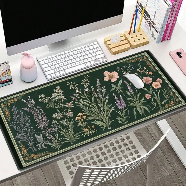 Alt view image 4 of 7 - Bks Plant & Floral Pattern Desk Mat: Vintage Mushroom Design Mouse Pad, Gaming & Office Accessory, Non-Slip Base And Stitched Edge Keyboard & Mouse Pad, Computer Desk Mat