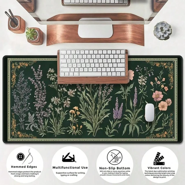 Alt view image 6 of 7 - Bks Plant & Floral Pattern Desk Mat: Vintage Mushroom Design Mouse Pad, Gaming & Office Accessory, Non-Slip Base And Stitched Edge Keyboard & Mouse Pad, Computer Desk Mat
