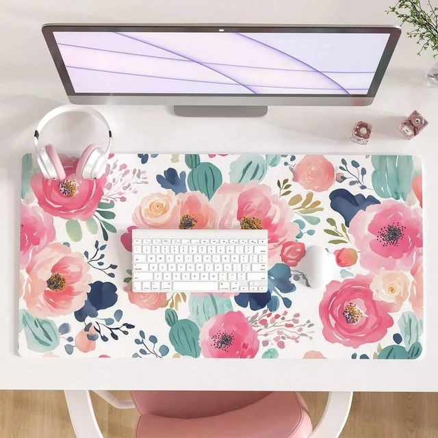 Main image of Bks Large Mouse Pad Pink Floral Desk Mat Waterproof PU Leather Gaming Surface For PC Laptop Desktop Office Home School 31.5 X 15.7 Inches