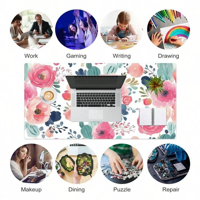 Alt view image 6 of 7 - Bks Large Mouse Pad Pink Floral Desk Mat Waterproof PU Leather Gaming Surface For PC Laptop Desktop Office Home School 31.5 X 15.7 Inches