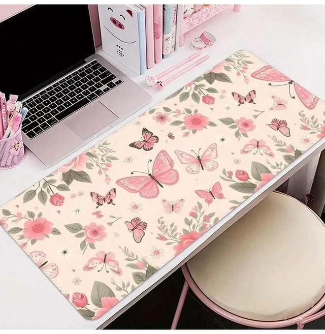 Alt view image 3 of 7 - Bks Extra Large Butterfly Mouse Pad Gaming Desk Mat Big Keyboard Pad Washable Non-Slip Rubber Bottom Stitched Edge Pink