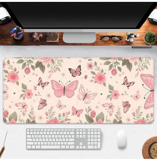 Alt view image 4 of 7 - Bks Extra Large Butterfly Mouse Pad Gaming Desk Mat Big Keyboard Pad Washable Non-Slip Rubber Bottom Stitched Edge Pink