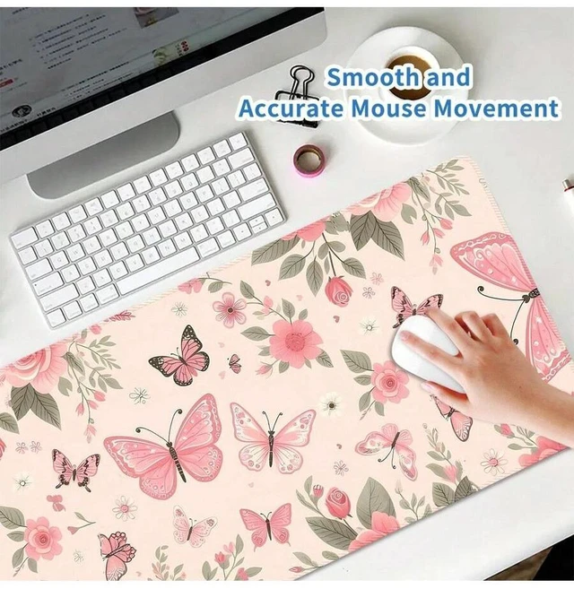 Alt view image 5 of 7 - Bks Extra Large Butterfly Mouse Pad Gaming Desk Mat Big Keyboard Pad Washable Non-Slip Rubber Bottom Stitched Edge Pink