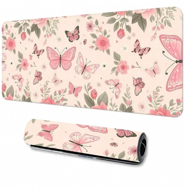 Alt view image 6 of 7 - Bks Extra Large Butterfly Mouse Pad Gaming Desk Mat Big Keyboard Pad Washable Non-Slip Rubber Bottom Stitched Edge Pink